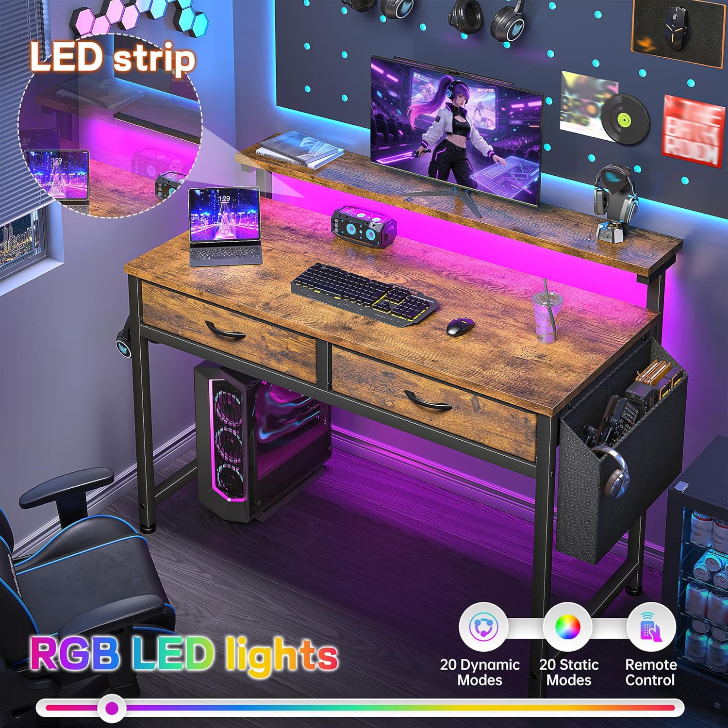 Gaming Desk with LED Lights with 2 Drawers, 31 Inch Desk Home Office Desk Computer Desk with Side Pocket & Ergonomic