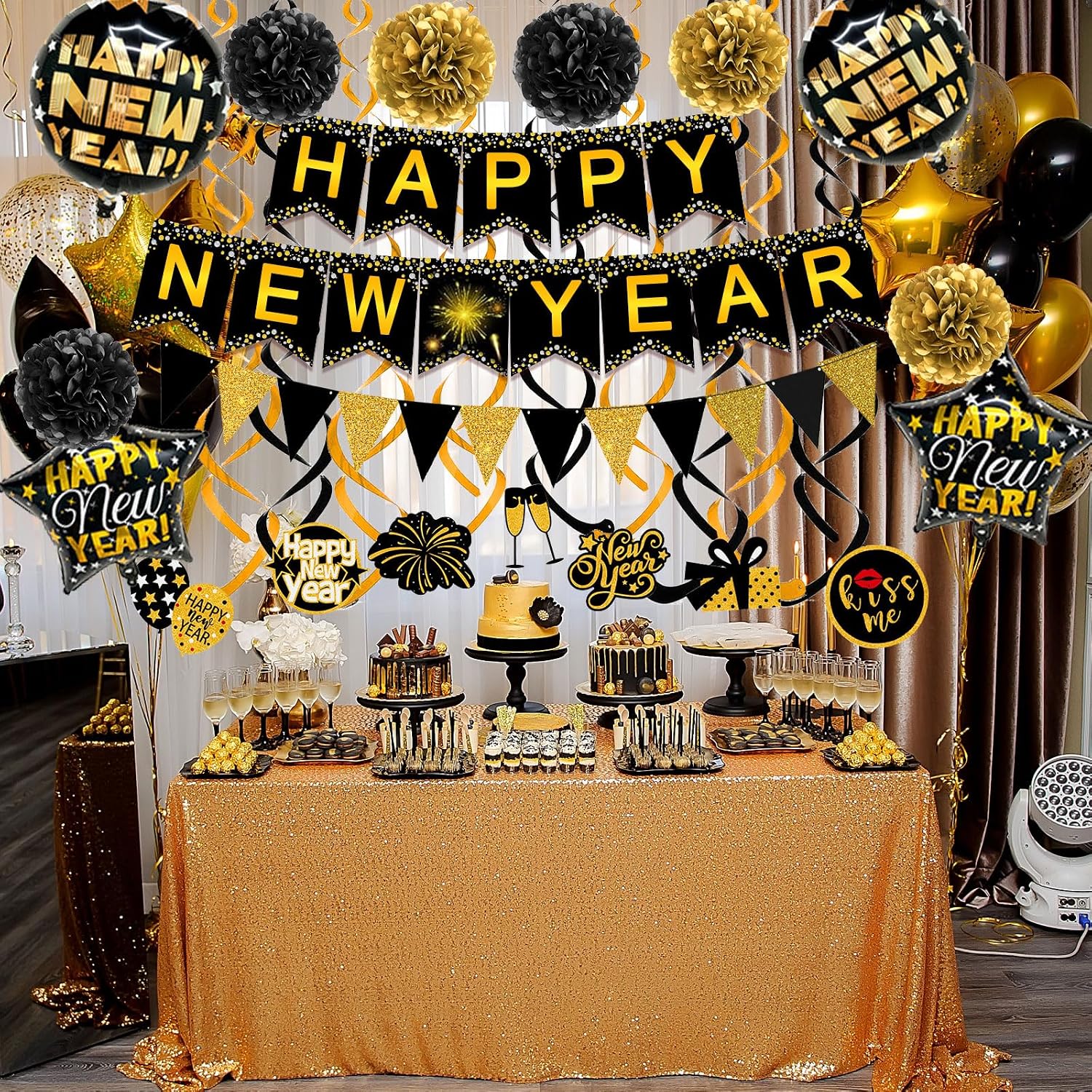 Happy New Year Paper Banner Triangle Flag Bunting Pom poms Swirls Streamers & Balloons for New year Party Decoration