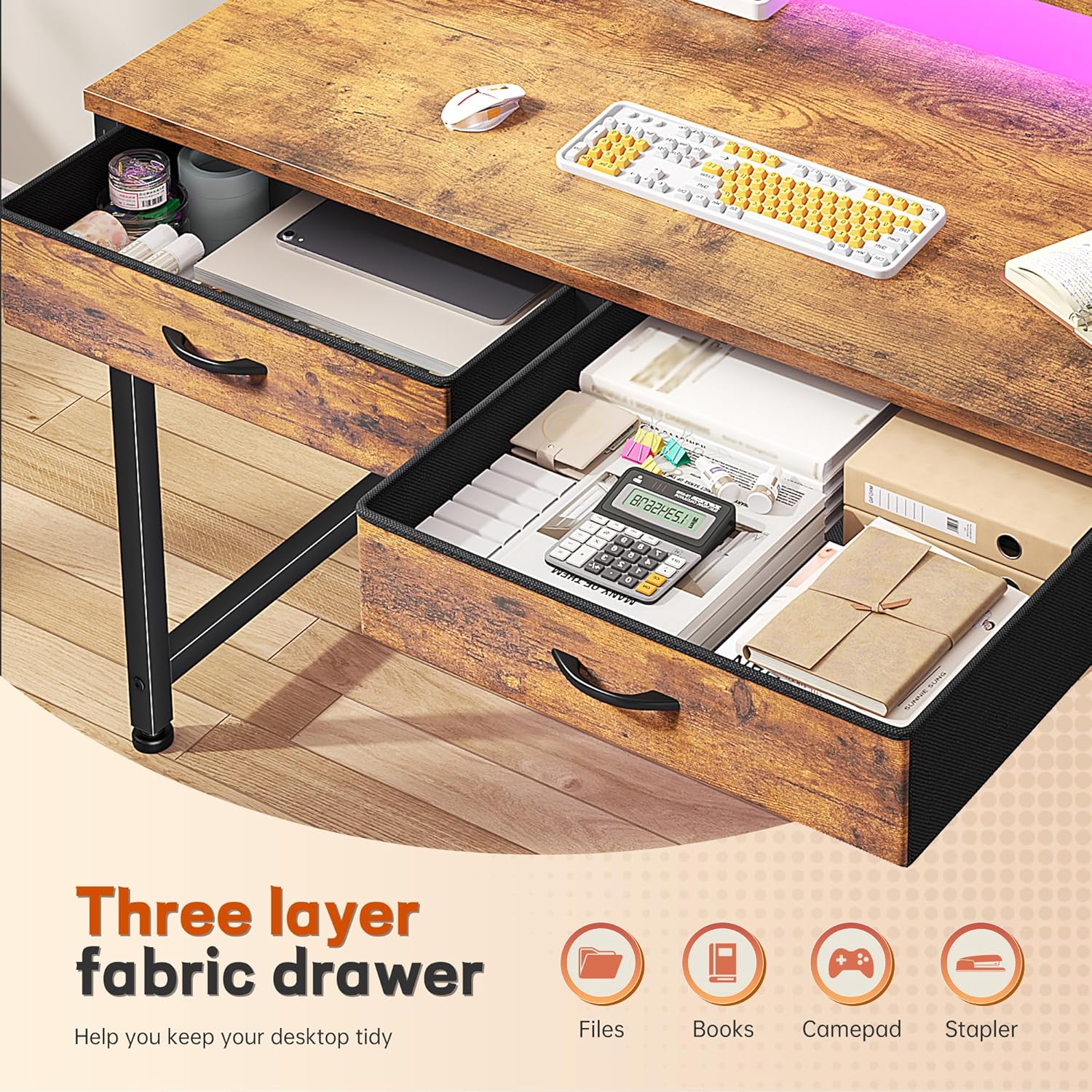 Gaming Desk with LED Lights with 2 Drawers, 31 Inch Desk Home Office Desk Computer Desk with Side Pocket & Ergonomic
