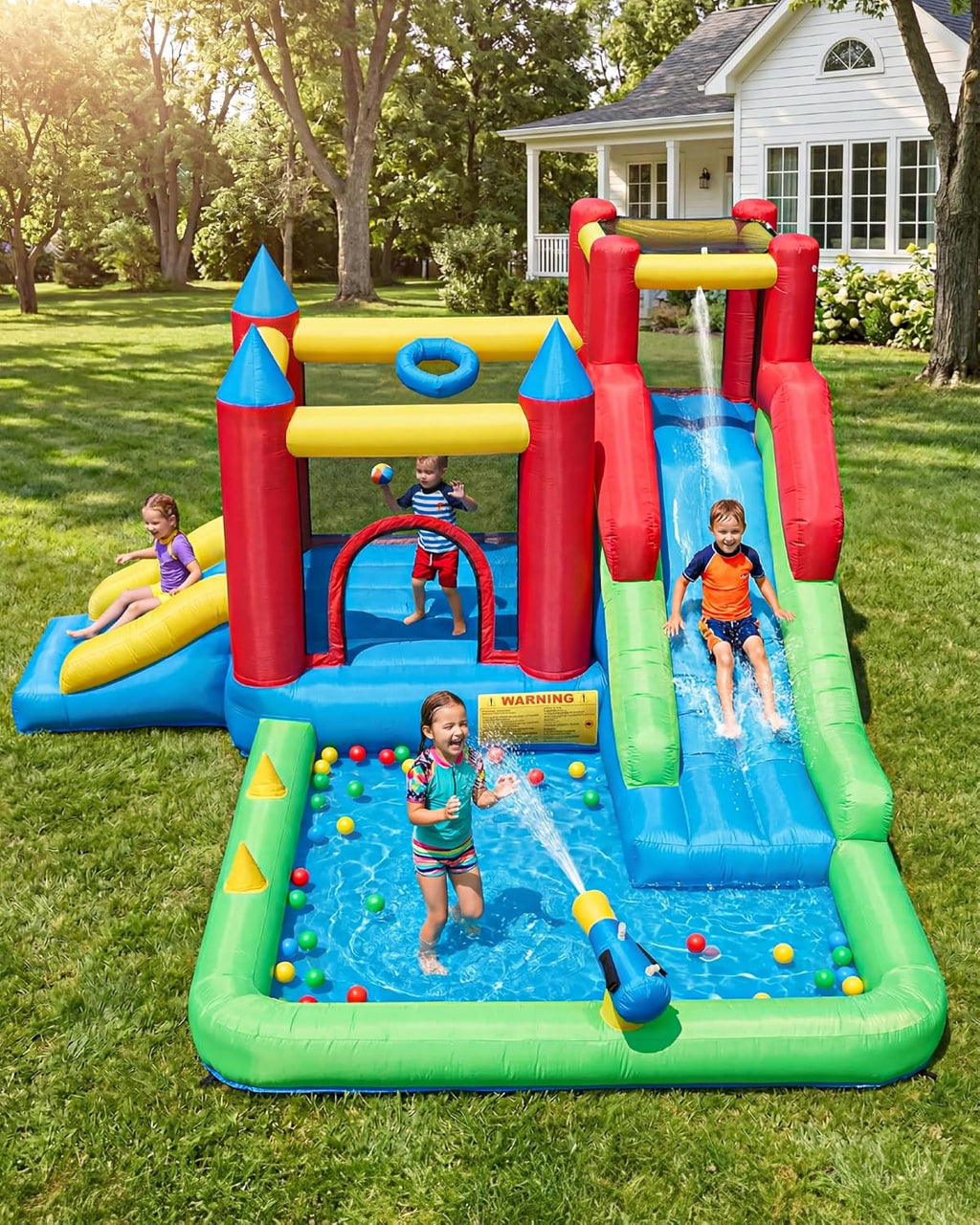 Inflatable Water Slide, 9-in-1 Bounce House for Kids Ages 3–6, Wet or Dry Bouncy Castle with Trampoline, Climbing