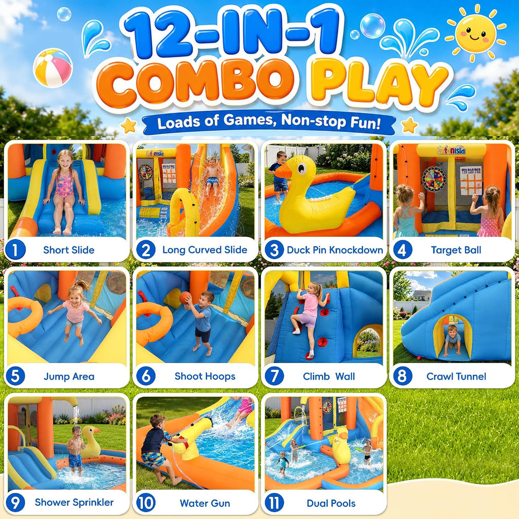 Inflatable Water Park for Kids 3-10yr, Water Slide Bounce House W/Blower | Large Water Bounce House with 2 Slide, 2