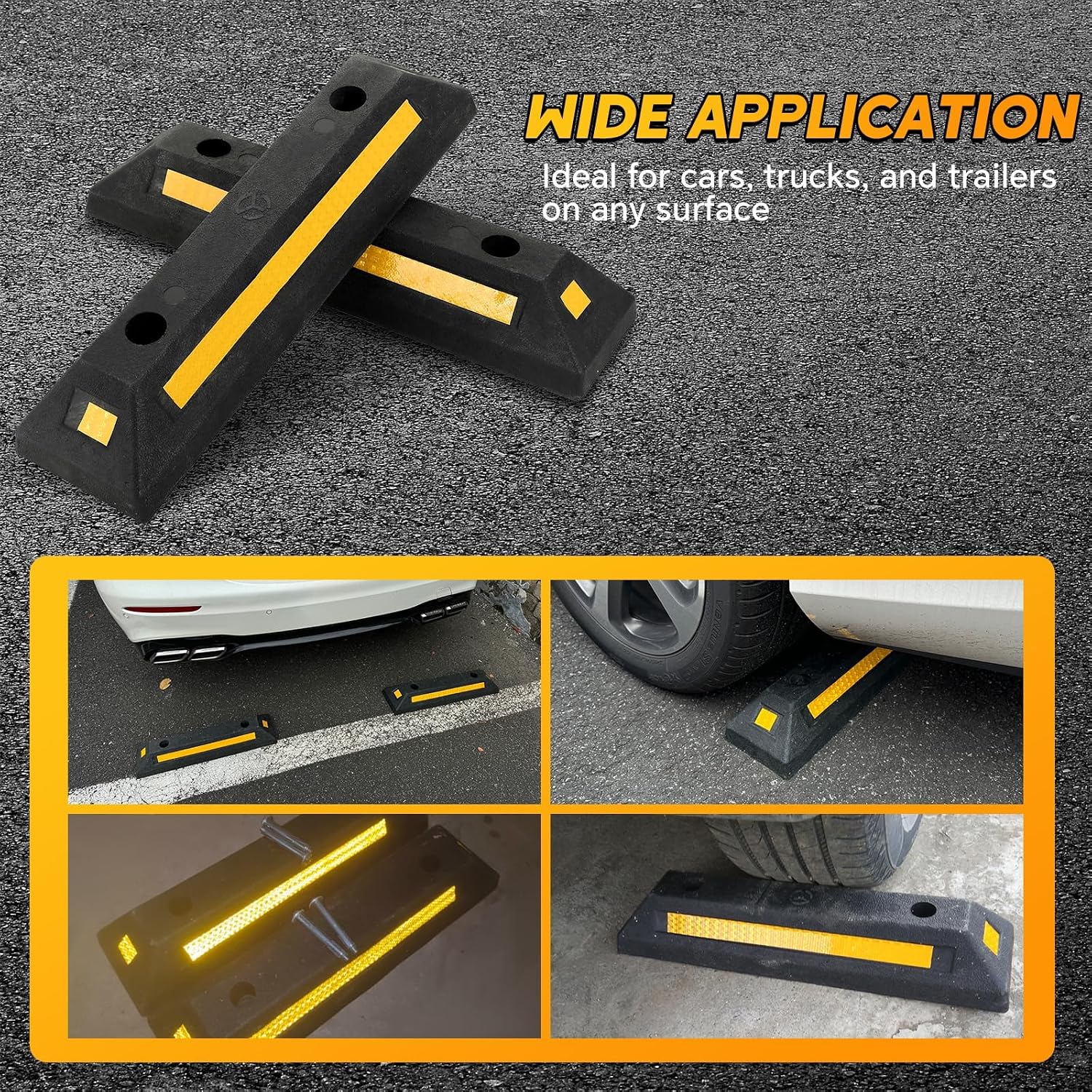 Heavy Duty Rubber Curb Car Stop 2-Pack | Curb Garage Vehicle Floor Stopper for Parking Safety with Reflective Yellow