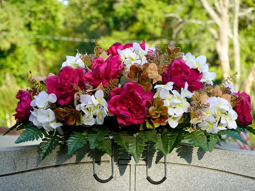 Artificial Cemetery Flowers - Grave Decoration - Fall Arrangement - 30" Long Plum Peony and White Hydrangea Saddle