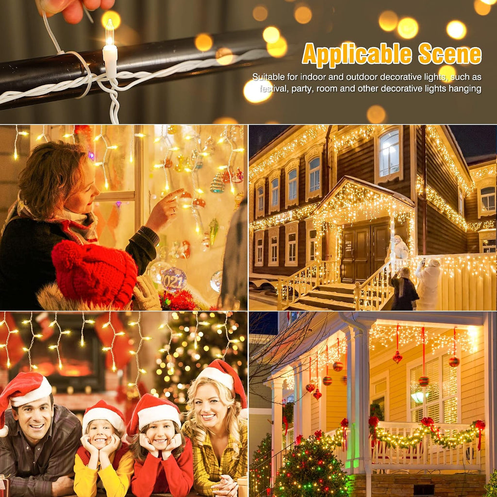 Icicle Lights Outdoor, 23FT 200 Connectable Icicle Christmas Lights | Warm White Plug in Curtain String Lights for