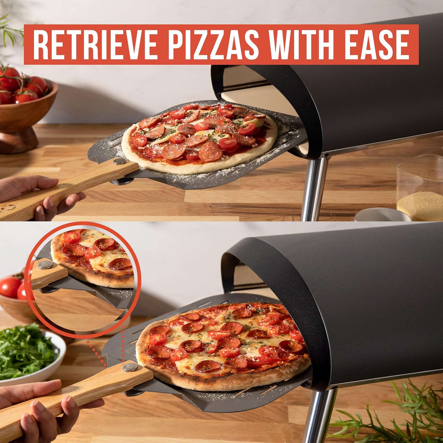Perforated Aluminum Metal Pizza Peel with Foldable Wood Handle for Easy Storage (12 inch) and Pizza Turning Peel