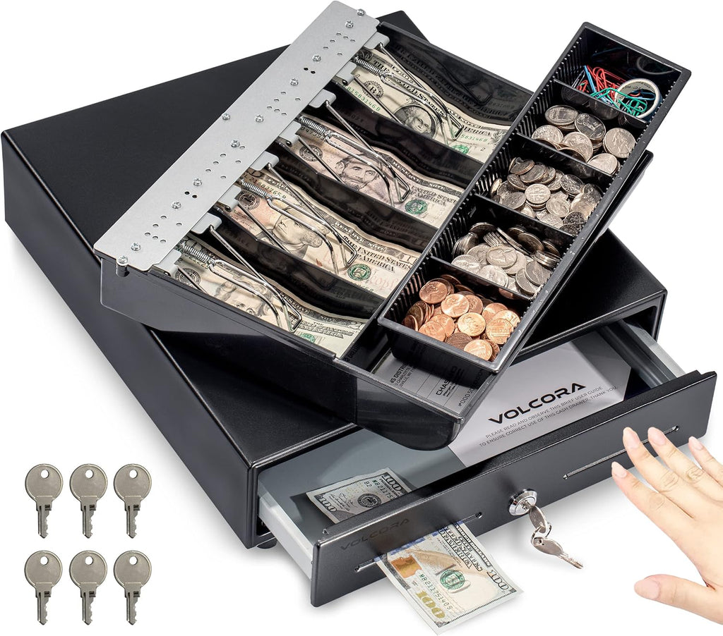 13" Manual Push Open Cash Register Drawer for Point of Sale (POS) System, Black Heavy Duty Till with 4 Bills and 5
