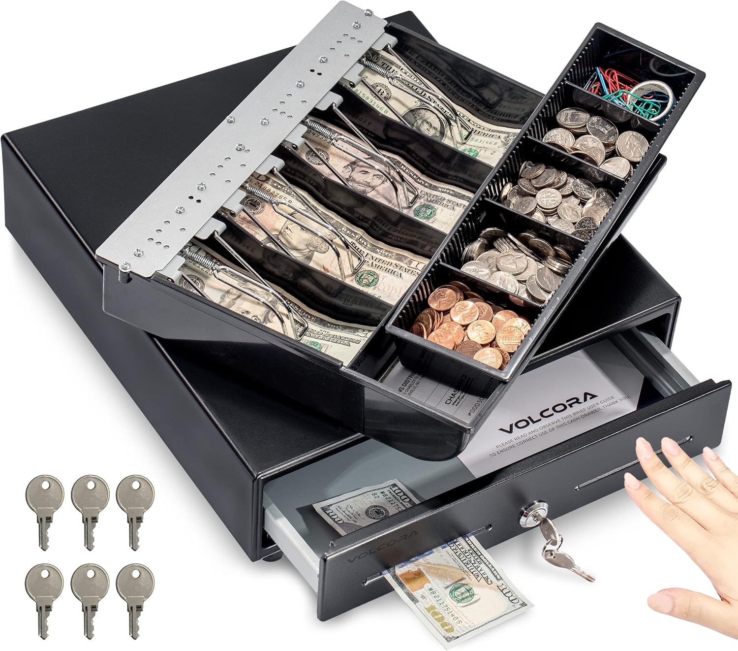 13" Manual Push Open Cash Register Drawer for Point of Sale (POS) System, Black Heavy Duty Till with 4 Bills and 5