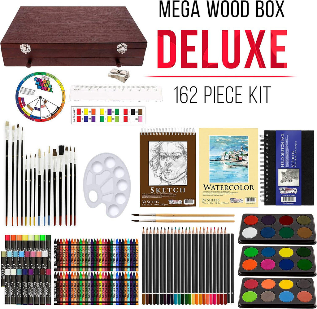 162-Piece Mega Wood Box Artist Kit with Painting, Drawing & Art Supplies for Adults - 24 Each (Watercolors, Oil