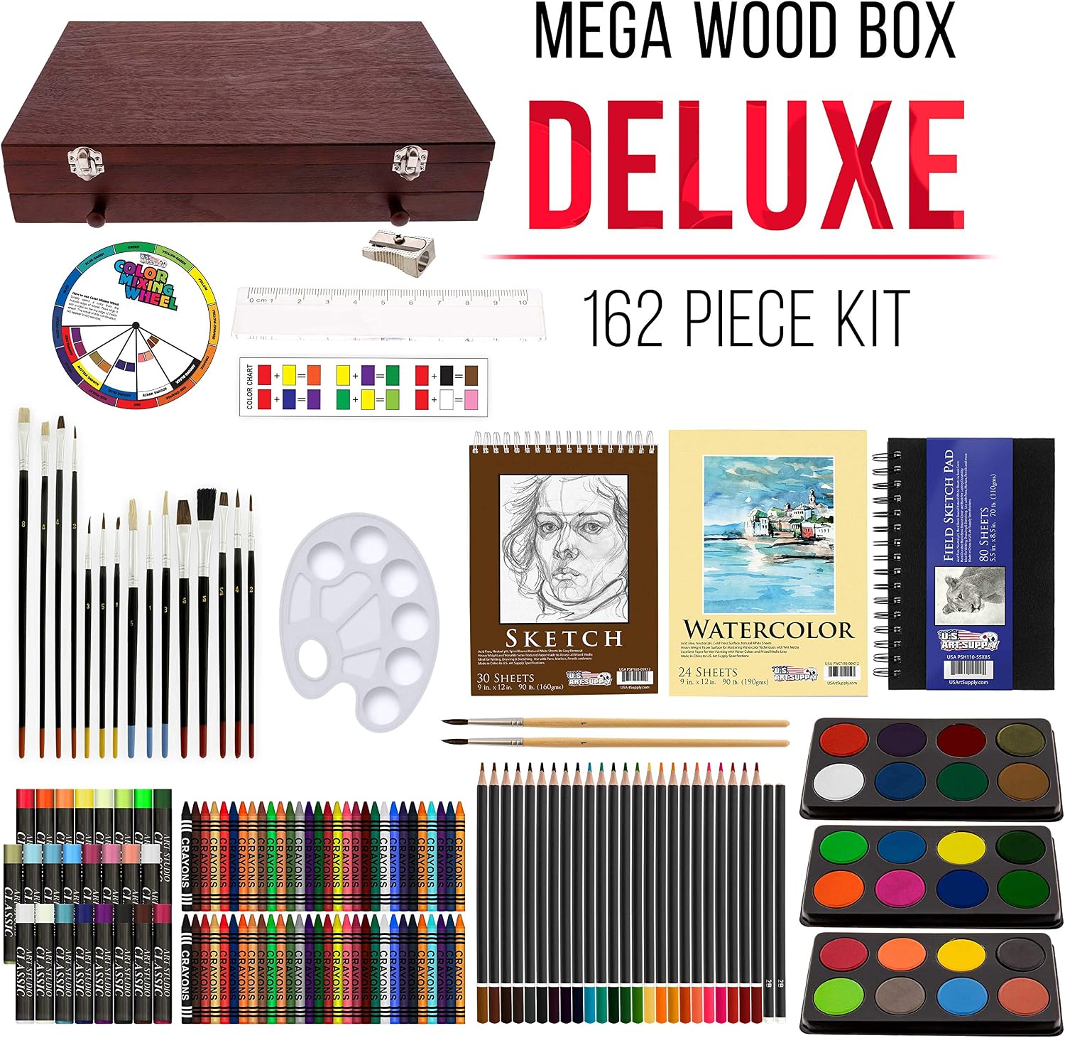 162-Piece Mega Wood Box Artist Kit with Painting, Drawing & Art Supplies for Adults - 24 Each (Watercolors, Oil