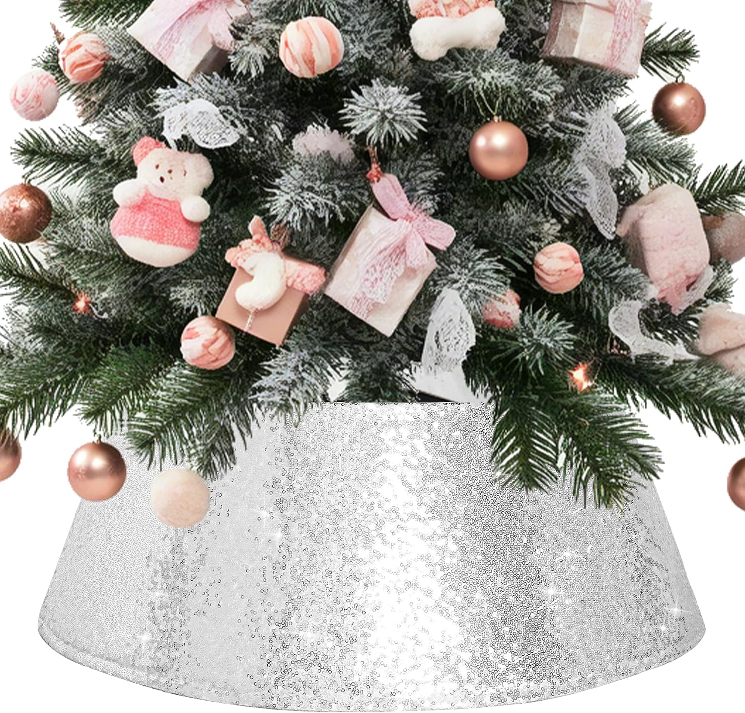 Silver Sequin Christmas Tree Collar 23 Inch | 16 Inch top opening and tapered ring conceal stands and cords with hook