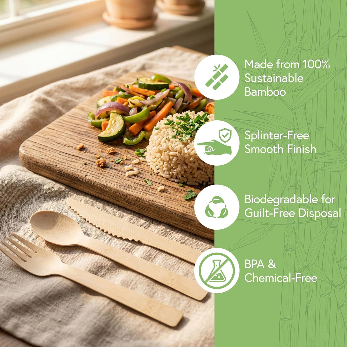 100% Bamboo Utensils Set, 100 Pack, Compostable Cutlery