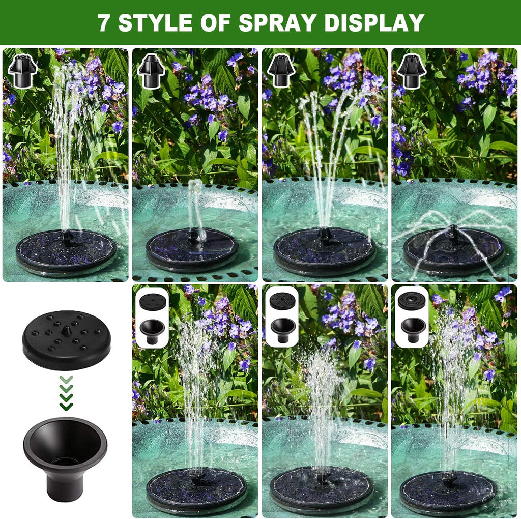 Solar Fountain with 2000 mAh Battery Backup Works in Cloudy, Glass Solar Powered Bird Bath Fountains with 7 Nozzles