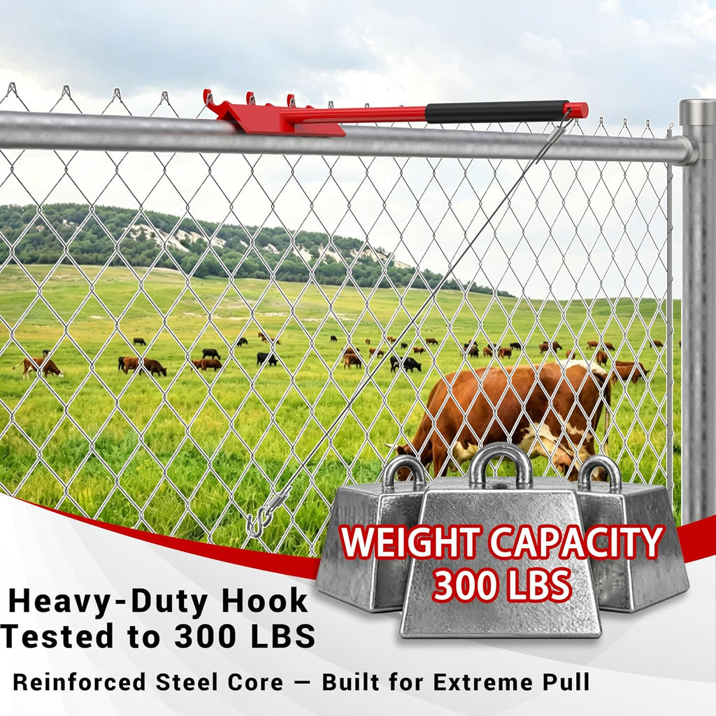 Chain Link Fence Top Rail Tensioner Tool, Heavy-Duty Steel Stretcher with 3 Hooks & 28" Cable Hook, 300 lbs Pull