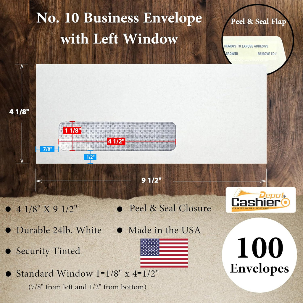 100 Cashier Depot - #10 Business Envelopes with Left Window, 4 1/8 x 9 1/2 Inches, 24lb White Wove, Security Tinted
