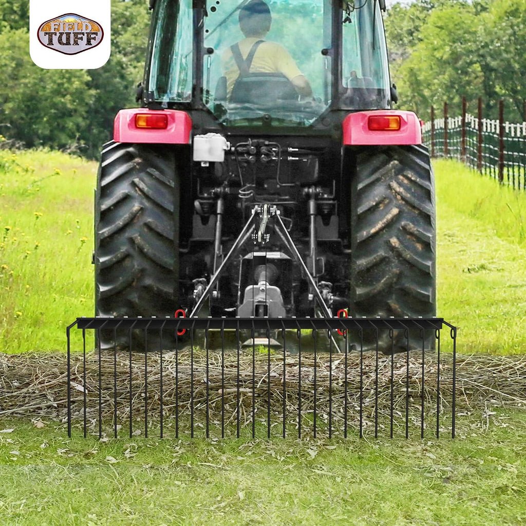Steel Spring Coil Tine Tow Behind Landscape Rake for Leaves, Pine Needles, Straw, and Grass with 3 Point Hitch
