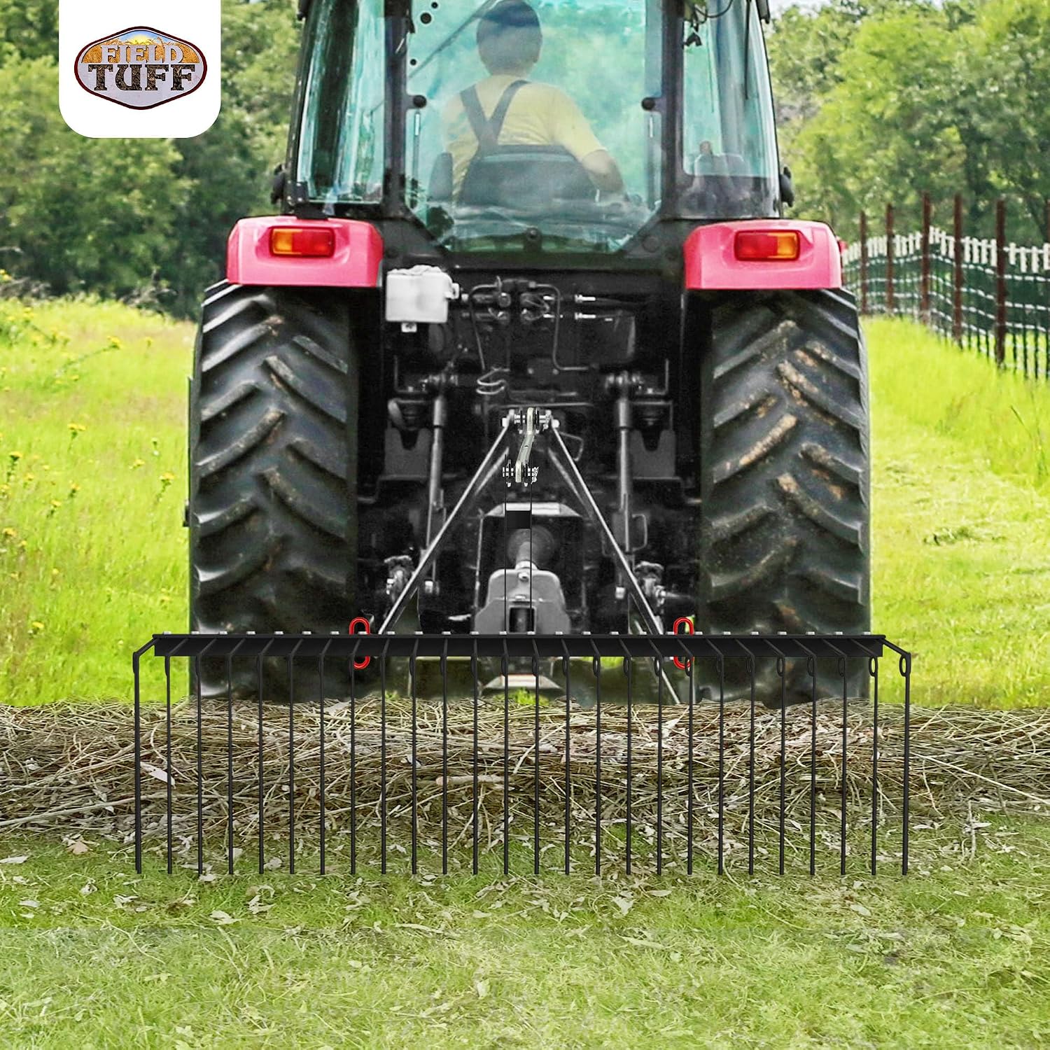 Steel Spring Coil Tine Tow Behind Landscape Rake for Leaves, Pine Needles, Straw, and Grass with 3 Point Hitch