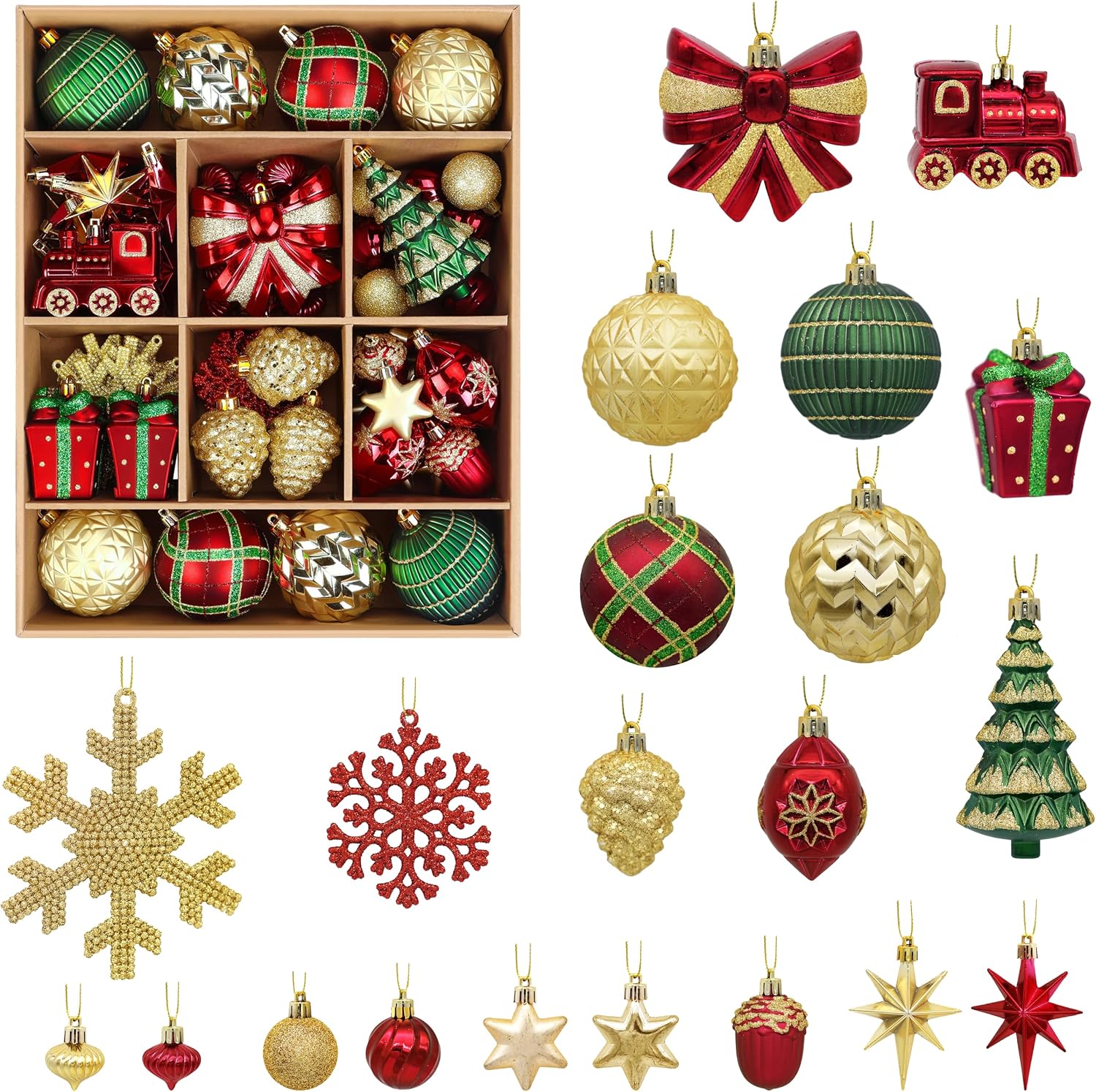 82pcs Classic Christmas Balls Ornaments Set, Red, Green and Gold | Delightful Gift Set, Shatterproof Plastic