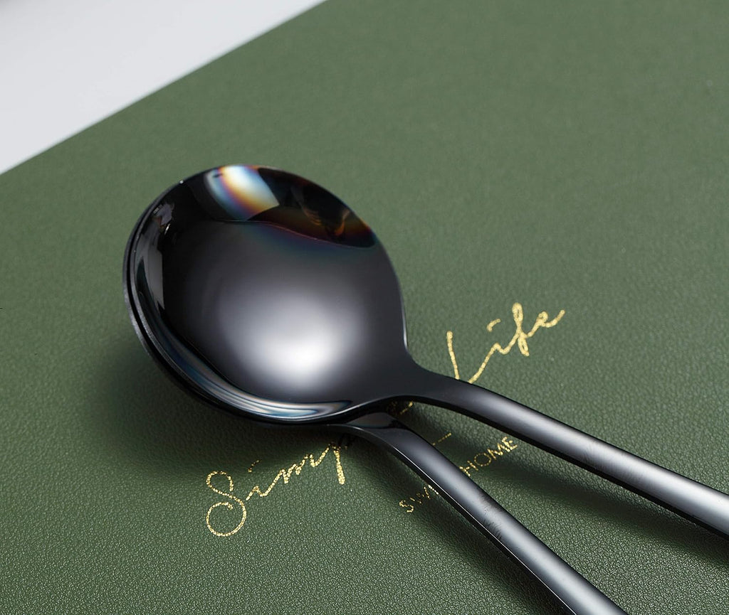 6-Piece Stainless Steel Round Spoons - Black Titanium Plated, Dishwasher Safe