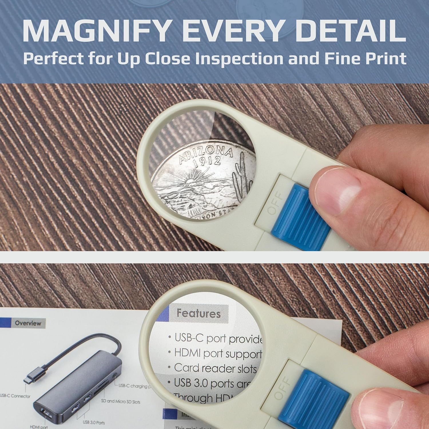 Illuminated Hand Held 7x LED Lighted Aspheric Magnifier with 1.5'' Lens Diameter (SV-70),White (Pack of 1)