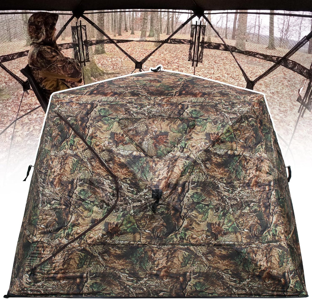 Wide Bottom Hunting Blind 1-3 Person with Portable Chair, 270 Degree See Through Pop up Ground Blinds for Deer Turkey