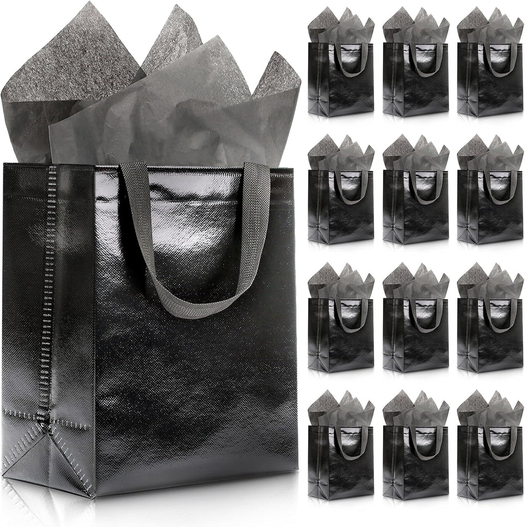 Black Gift Bags - 12pk - Reusable - With Inner Liner Paper
