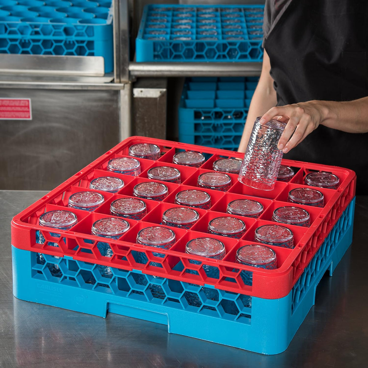CFS OptiClean 25-Compartment Glass Rack with 1 Extender Red