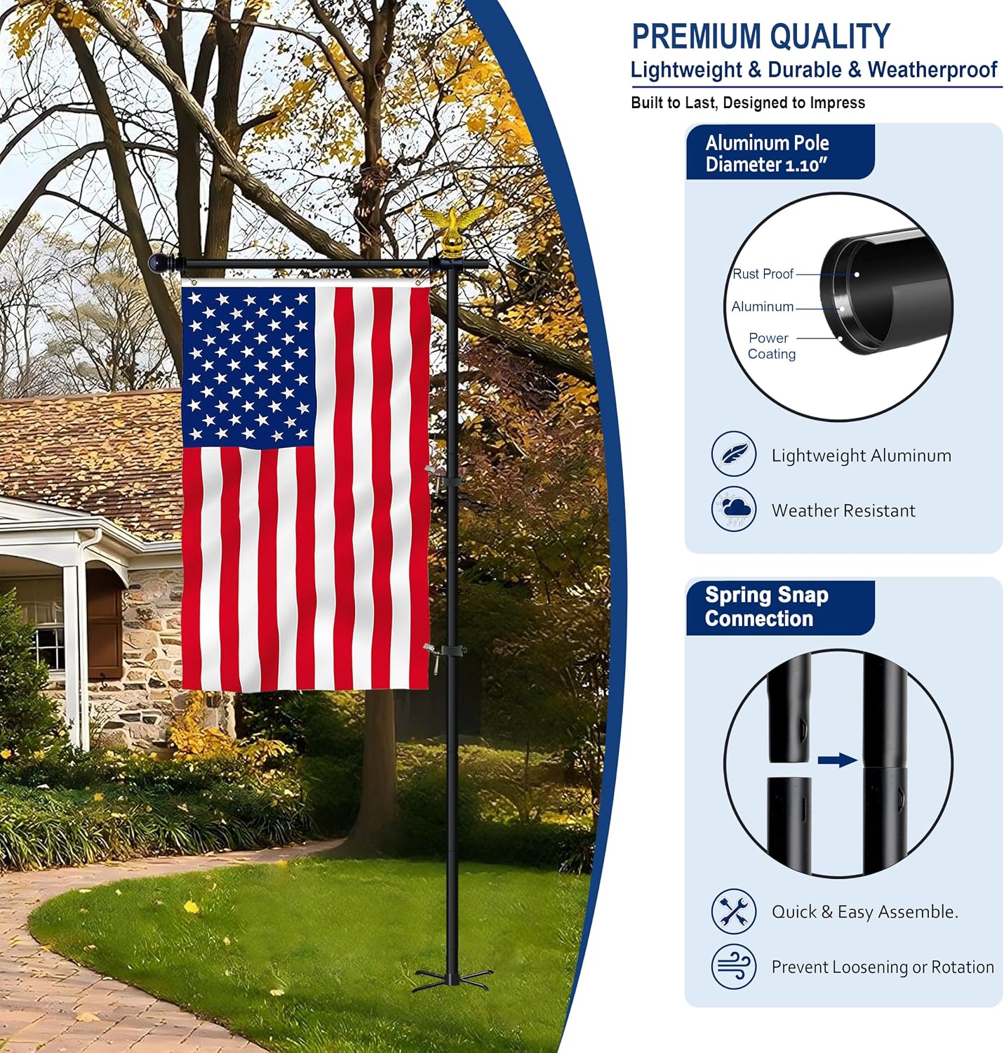 10FT Adjustable Garden Flag Pole Stand with Eagle Top | For 3x5 Feet & 28x40 Inch Flags, Heavy Duty Free standing