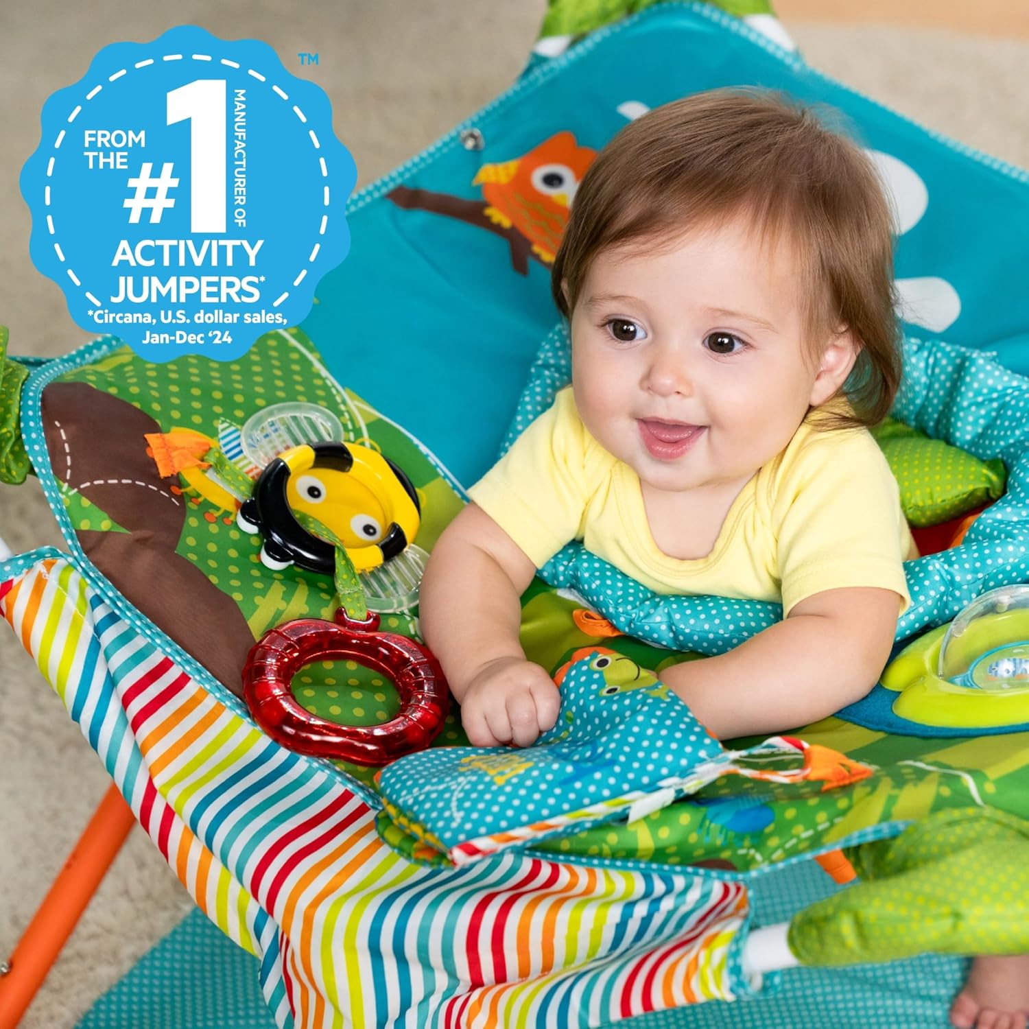Pop 'N Jump Portable Baby Jumper, Foldable Indoor/Outdoor Baby Jumper with Owl Forest Sensory Activities, Ages 6–12