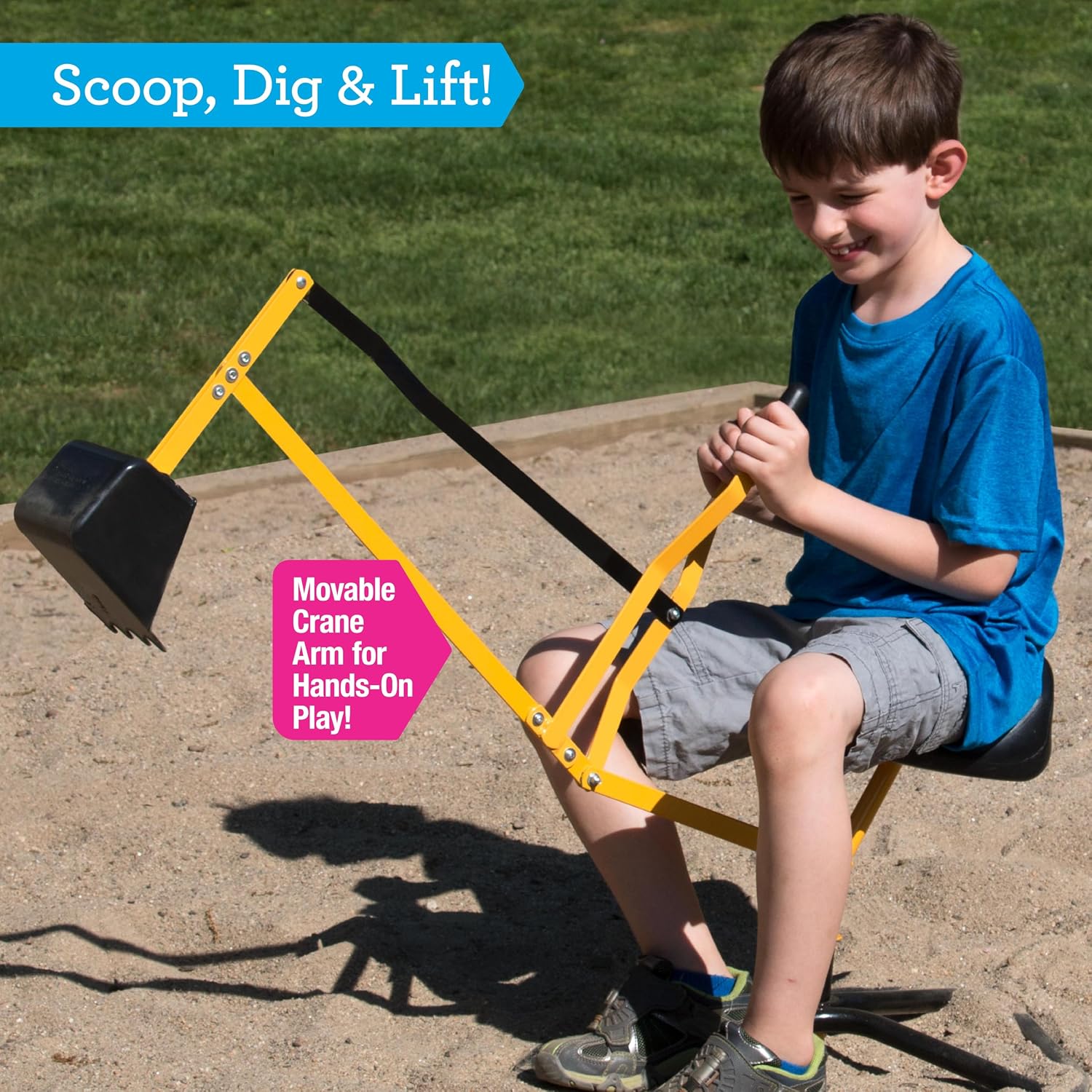 Crane Digger Toy, Ride On w Safer Stabilizing Base- Kid Outdoor Excavator | Play in Backyard- 100lb Capacity- Swing &