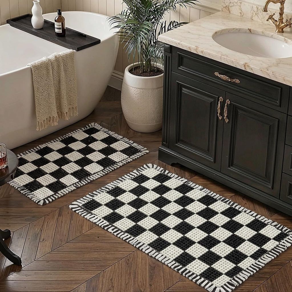 2 Piece Waffle Bathroom Rugs Checkered Bath Mat Set (17"x24" & 18"x30"), Black and White Weave Bathroom Rugs with