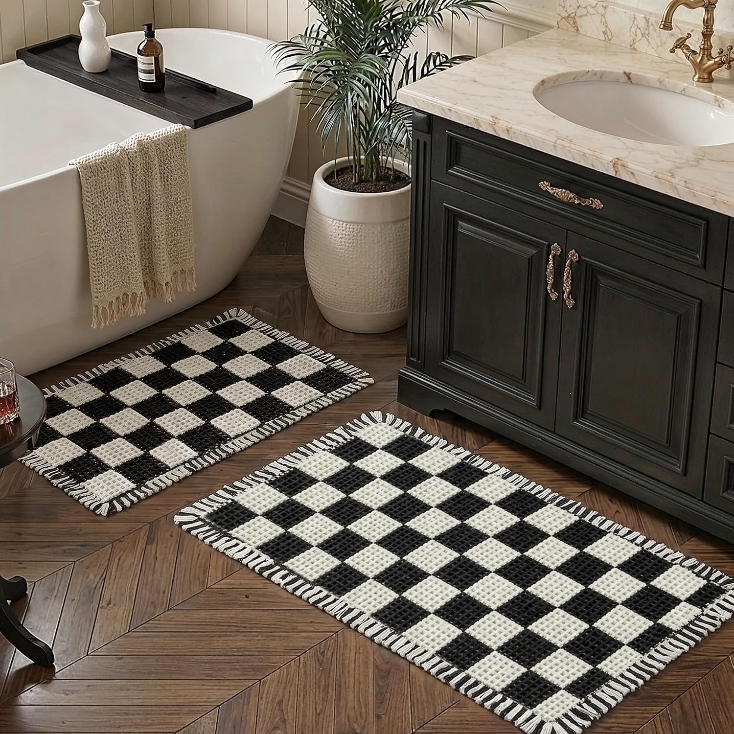 2 Piece Waffle Bathroom Rugs Checkered Bath Mat Set (17"x24" & 18"x30"), Black and White Weave Bathroom Rugs with
