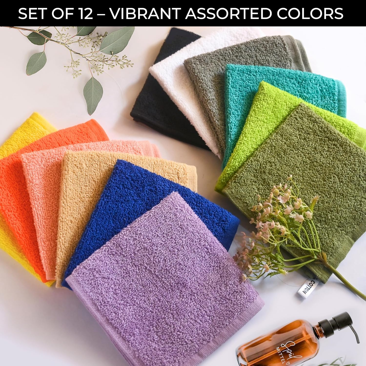 100% Cotton Wash Cloths for Showering Body and Face - 12"X12" Set of 12 Washcloths Variety Colors Pack - Small Terry