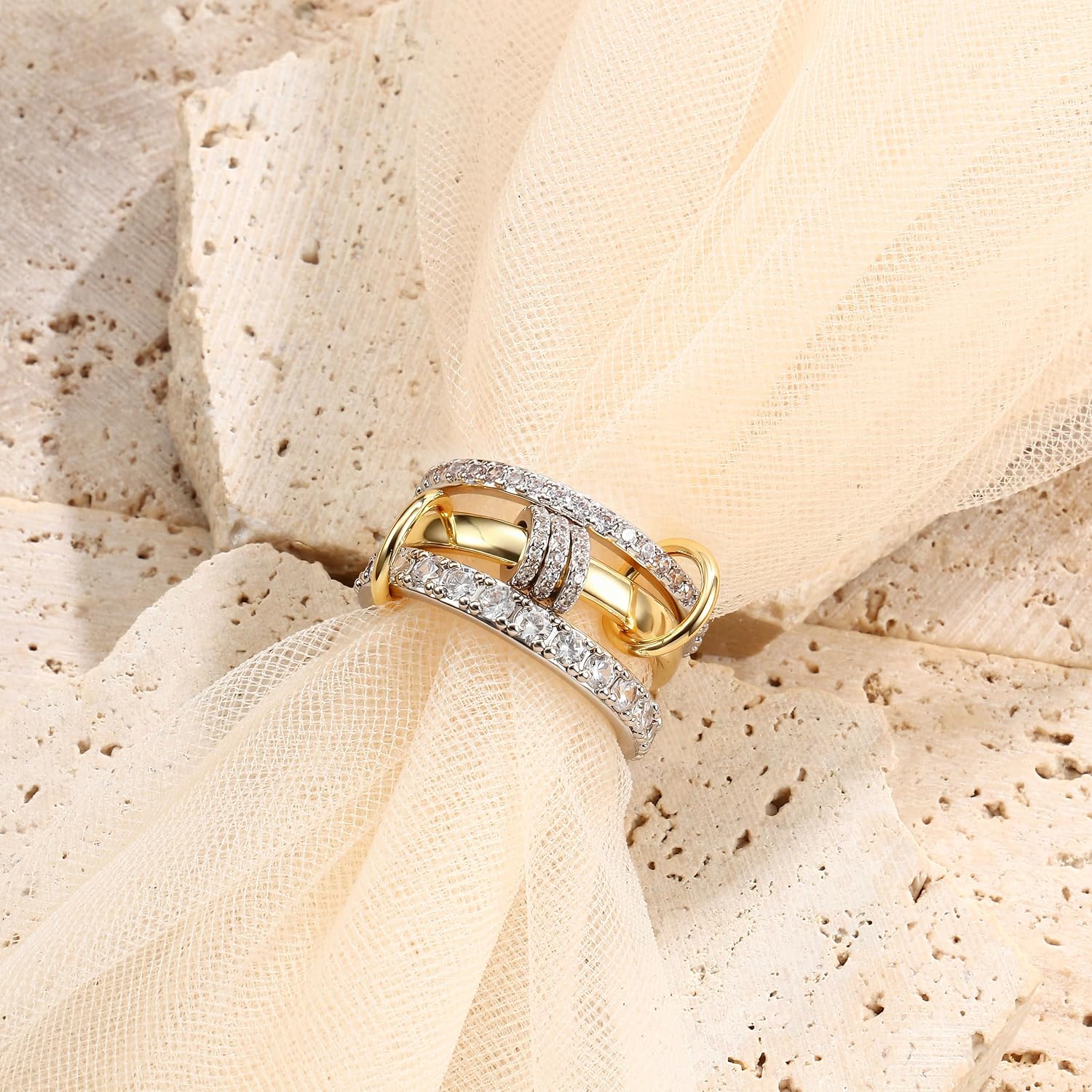 Gold Stackable Rings for Women Non Tarnish 18K Gold Plated Interlocked Stack Rings Set Silver Gold Mixed Metals Multi