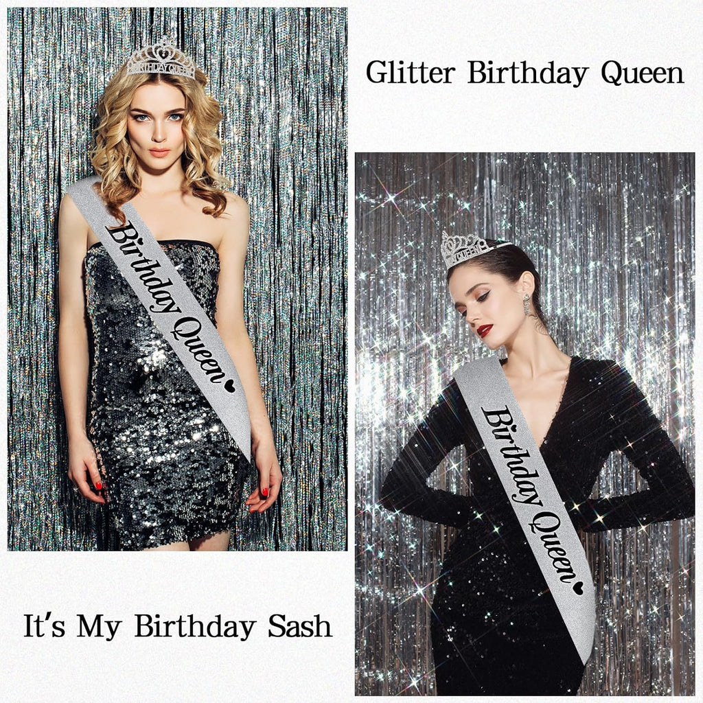 Silver Birthday Queen Sash and Crown for Girls Adult Woman Crystal Birthday Tiaras for Girls Princess Crowns