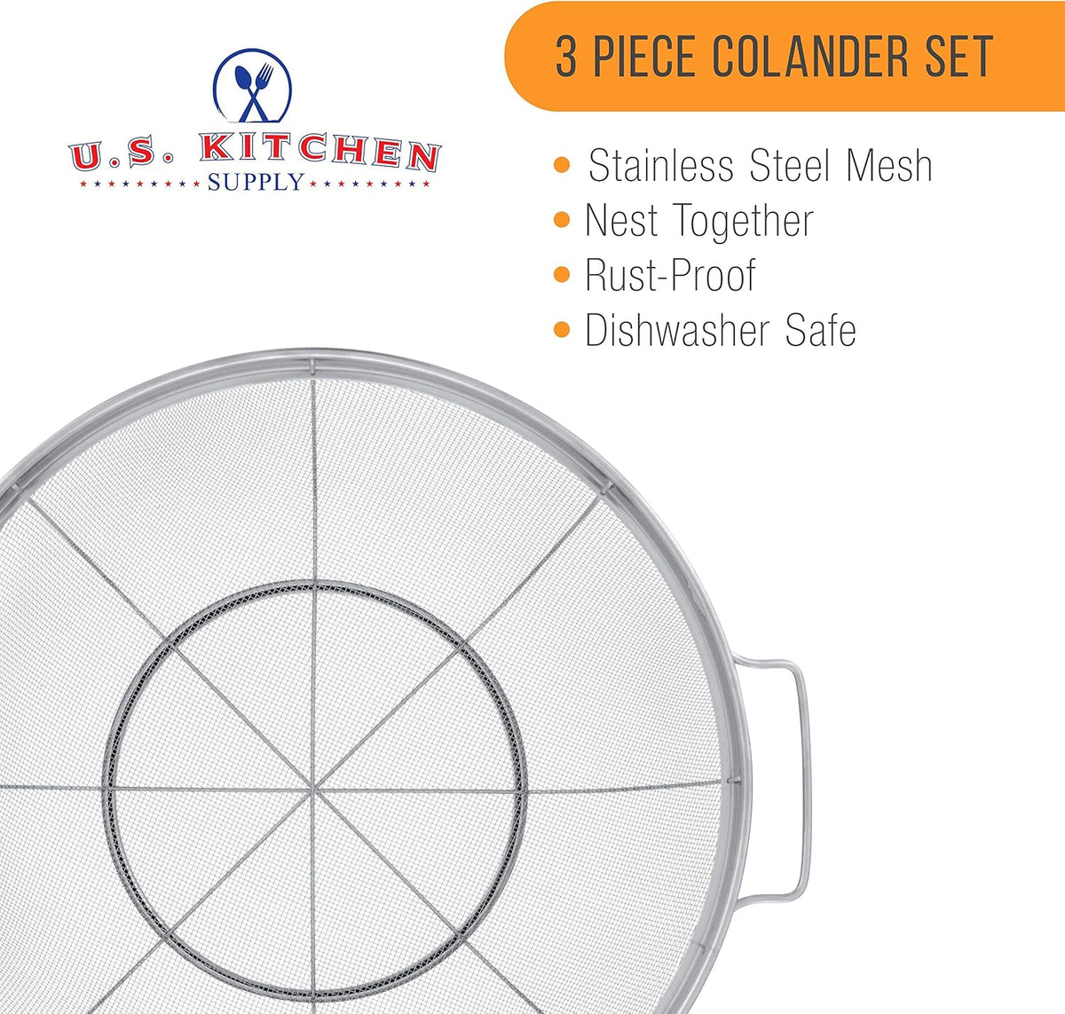 U.S. Kitchen Supply Set of 3 Stainless Steel Colander Strainers Net Baskets