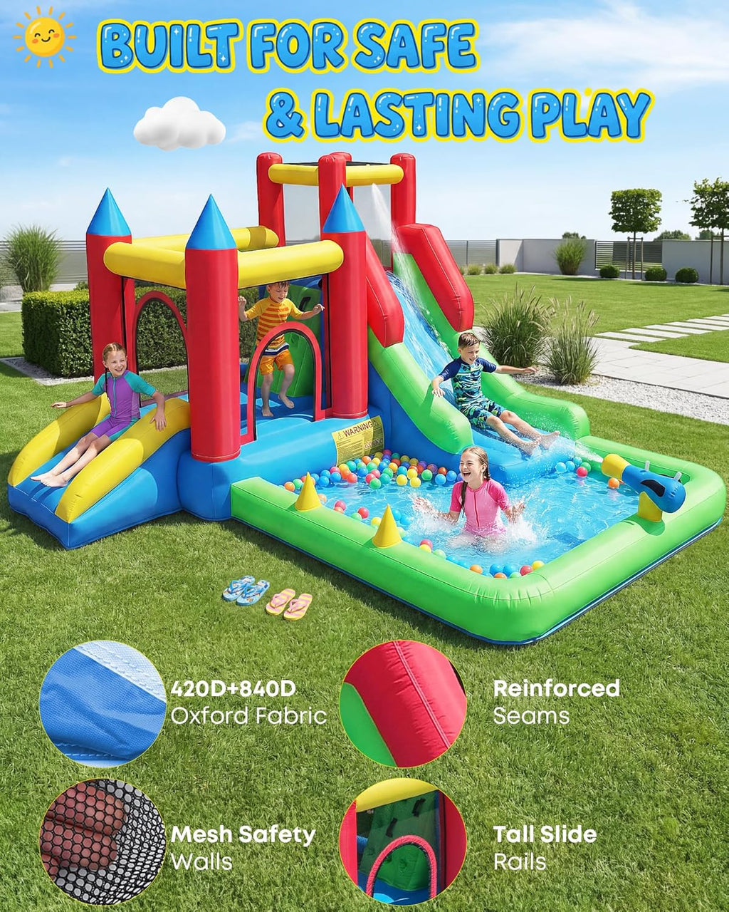 Inflatable Water Slide, 9-in-1 Bounce House for Kids Ages 3–6, Wet or Dry Bouncy Castle with Trampoline, Climbing
