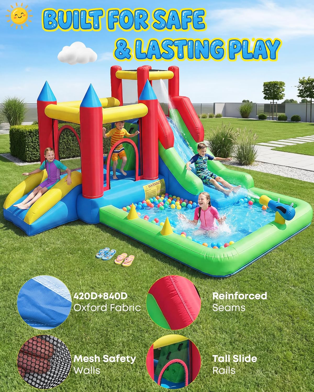 Inflatable Water Slide, 9-in-1 Bounce House for Kids Ages 3–6, Wet or Dry Bouncy Castle with Trampoline, Climbing