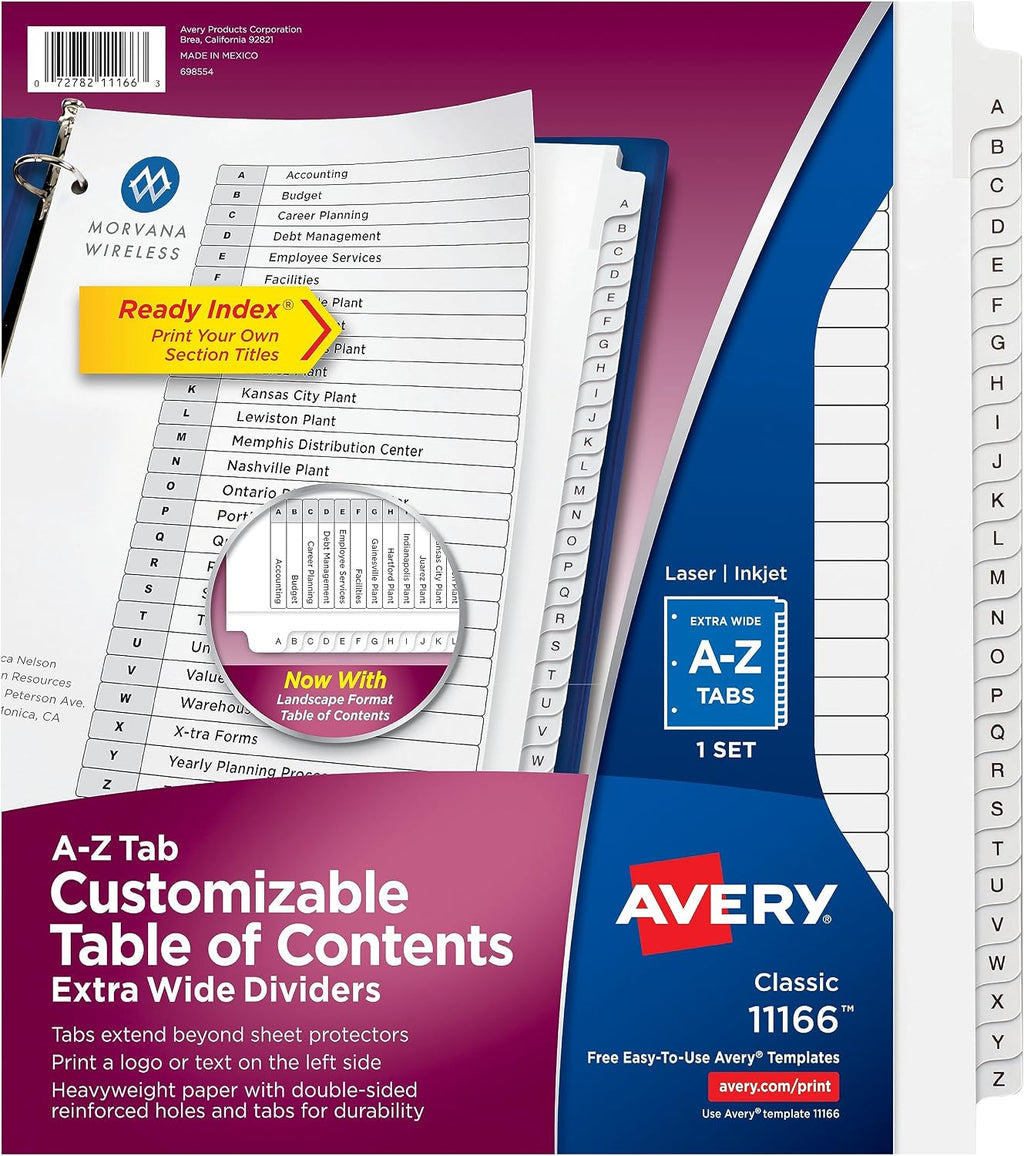Extra-Wide Dividers for 3 Ring Binders, 26 Tabs per Set, Customizable Table of Contents, Multicolor Tabs, Works Great