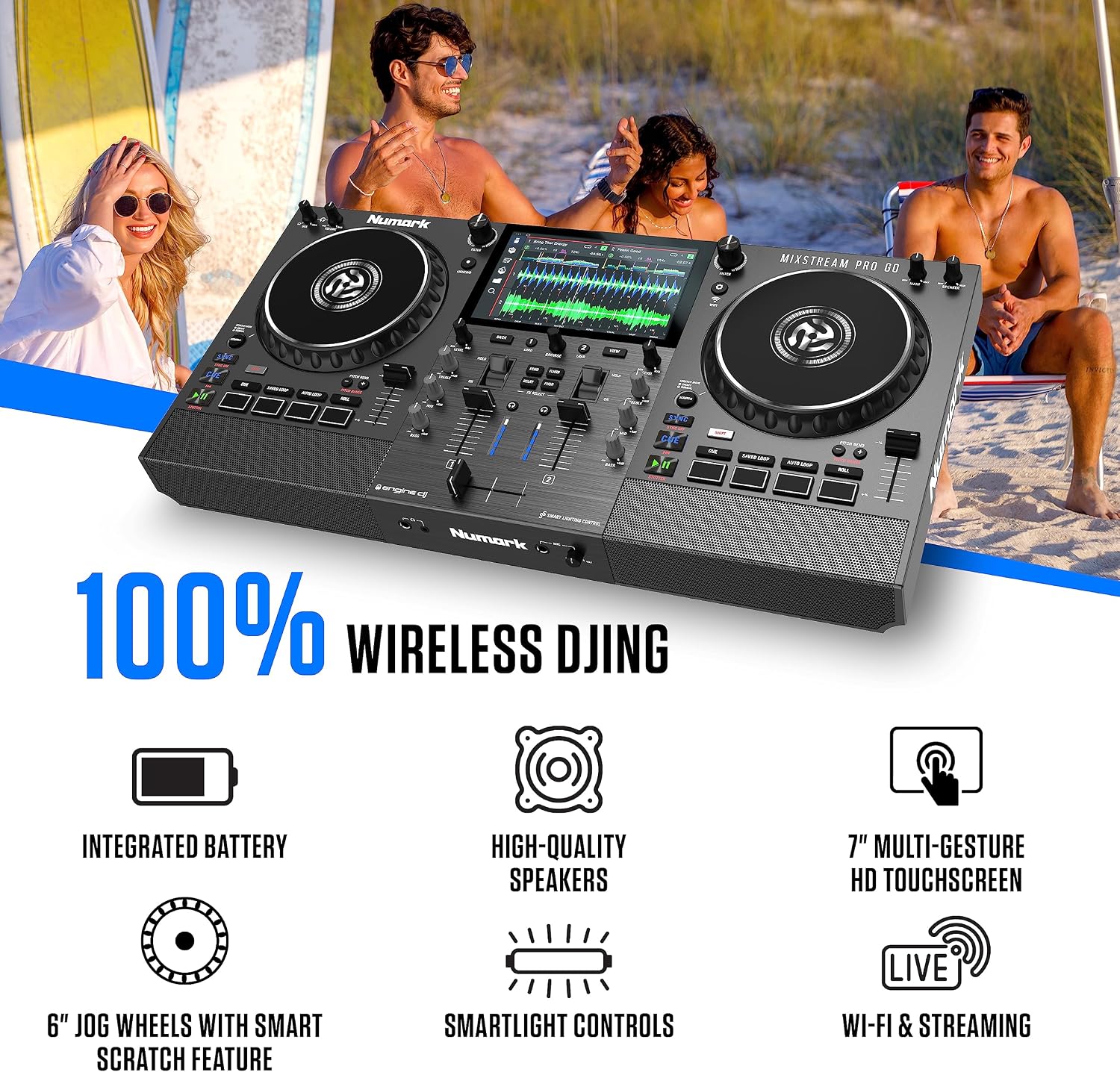 Mixstream Pro Go Portable DJ Controller | Battery-Powered Standalone DJ Mixer with Stem Separation, Wi-Fi Streaming