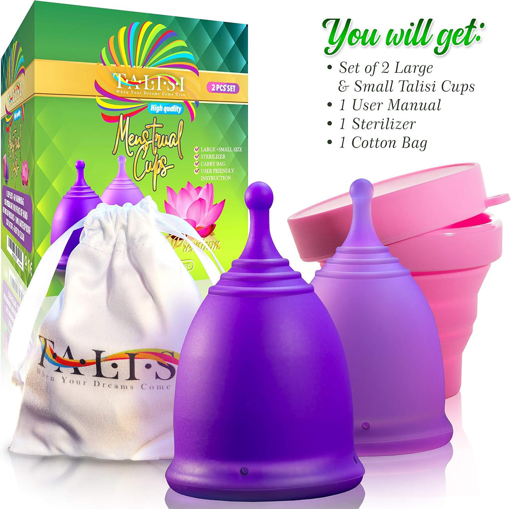 Talisi Reusable Menstrual Cup (Small & Large) Set of 2 with Foldable Silicone Sterilizer, Copa Menstruelle, Soft