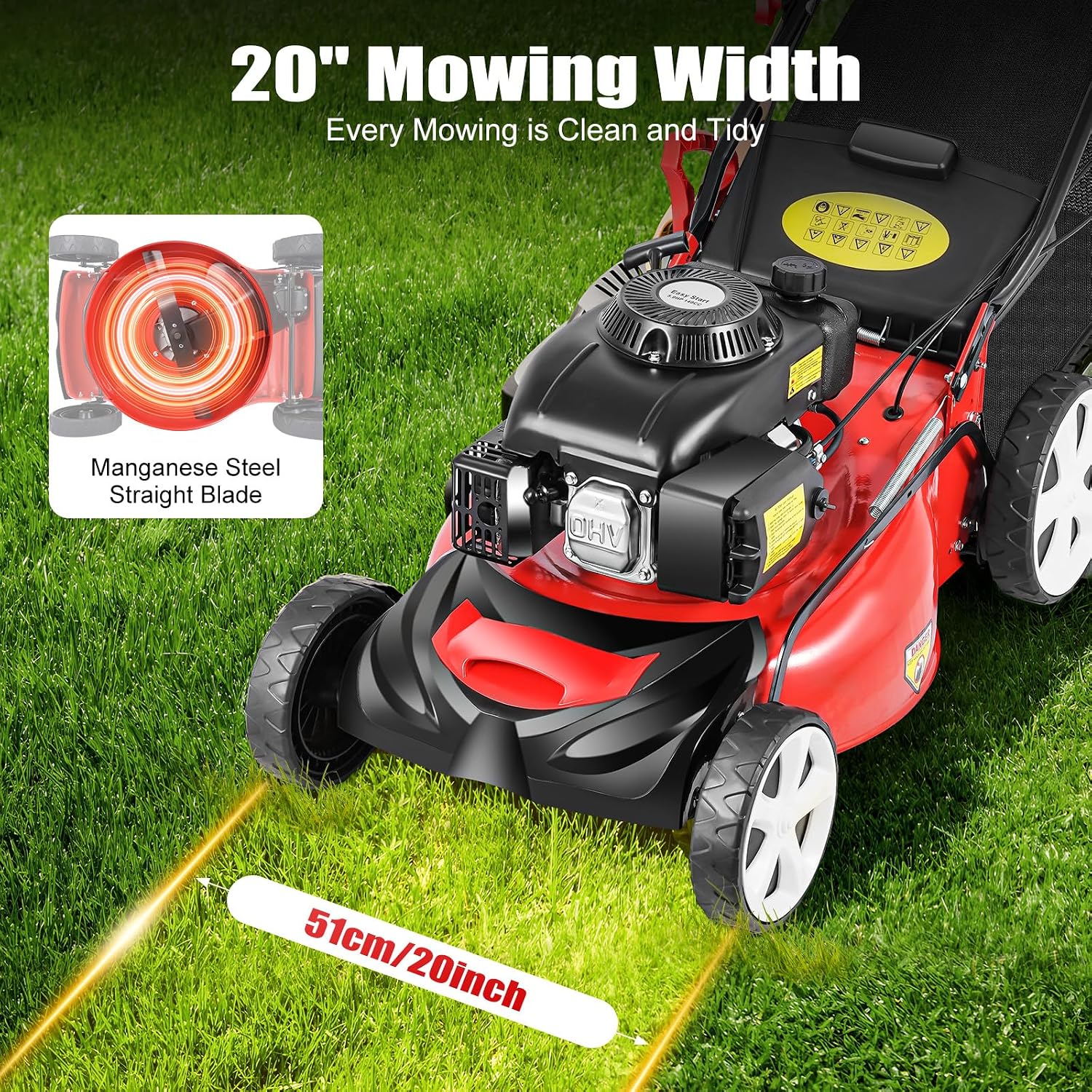 140cc Gas Powered Self Propelled Lawn Mower - Easy to Start,20”Adjustable Height Multi Functional Gas Push Lawnmower