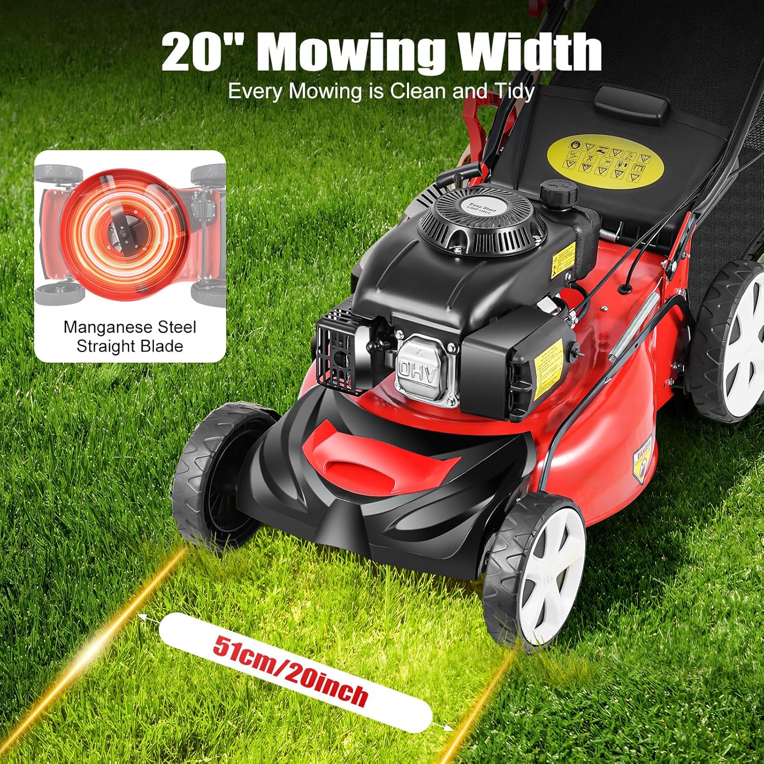 21-Inch 5HP Lawn Mower, 140CC 4-Stroke OHV Engine, Self-propelled Gas Powered Lawn Mowers, 8 Height Adjustment Push