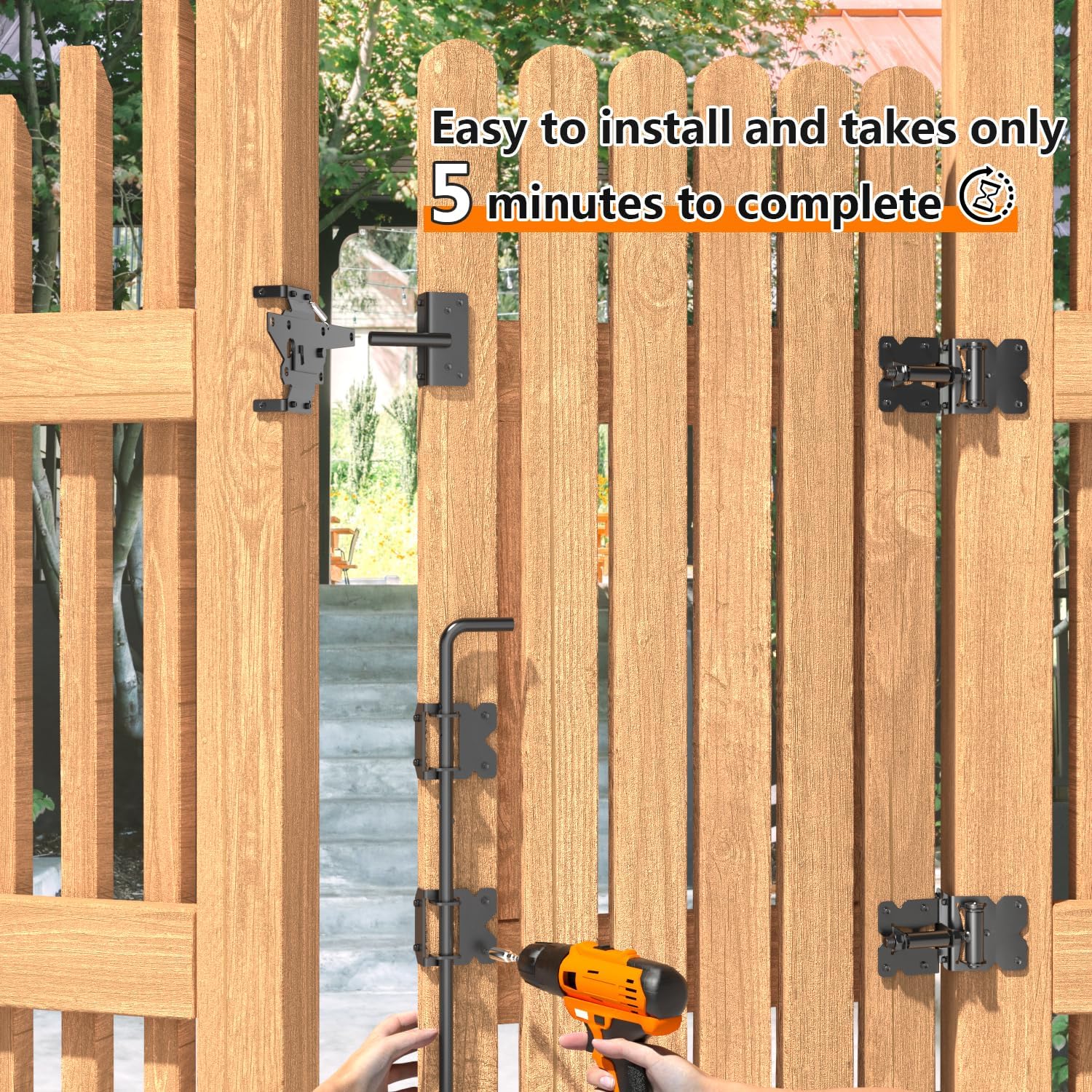 Self Closing Fence Hinges, 24" Drop Rod Cane Bolt for Gates - Easy to Install- Heavy Duty Gate Stopper Hardware for