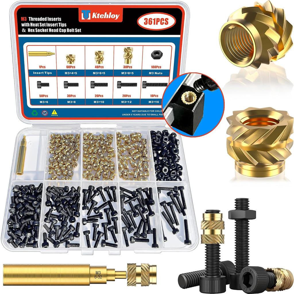 361Pcs M3 Heat Set Insert with Screws & Insert Tips Brass Threaded Inserts Female Knurled Nuts Assortment Kit for Plastic and 3D Printing Components