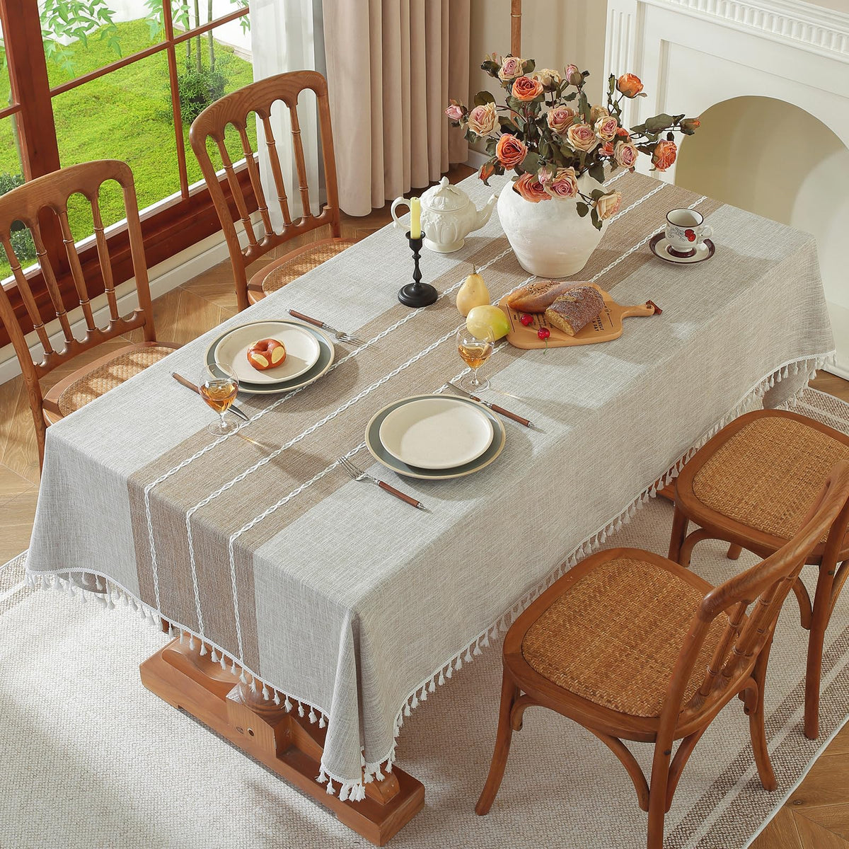 Linen Textured Tablecloth Rectangle,Farmhouse Table Cloth
