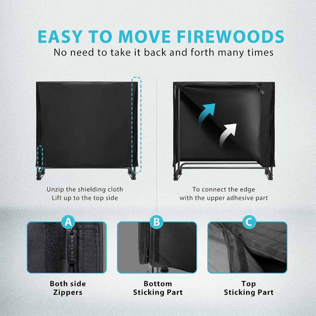4 ft Heavy Duty Firewood Rack Outdoor with Cover, Black | Fire Wood Storage Rack, Log Holder and Cover Combo Set with