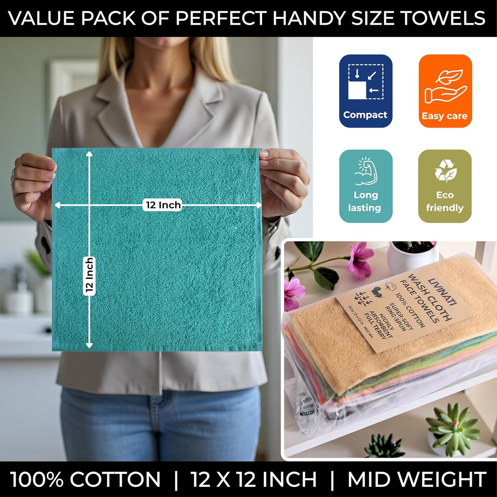 100% Cotton Wash Cloths for Showering Body and Face - 12"X12" Set of 12 Washcloths Variety Colors Pack - Small Terry