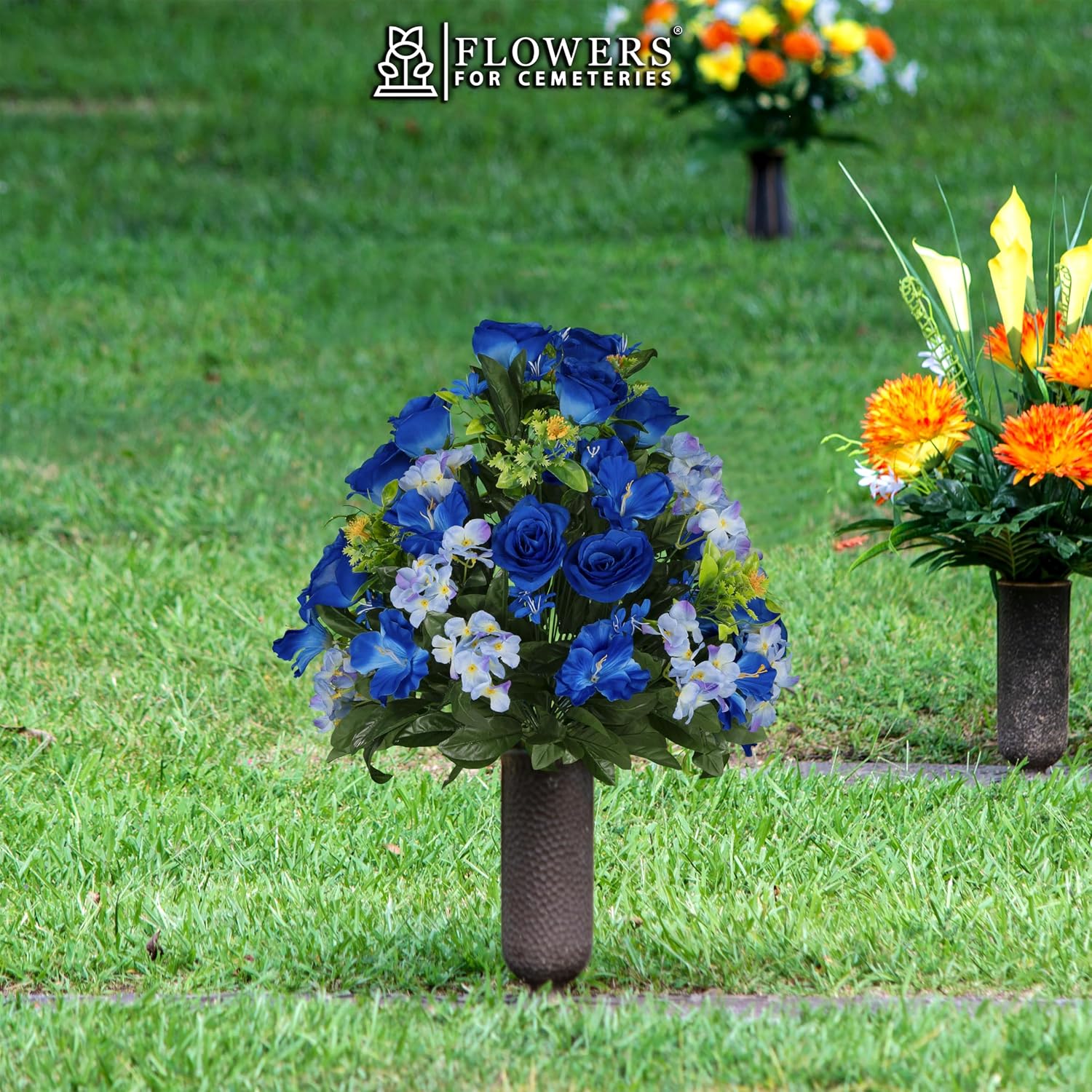 Artificial Cemetery Flowers - Gravesite Flowers - Blue Roses and Hydrangeas