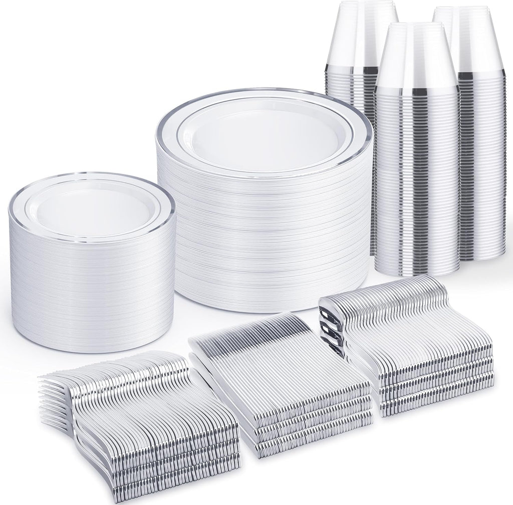 600 PCS Silver Disposable Dinnerware Set for 100 Guests