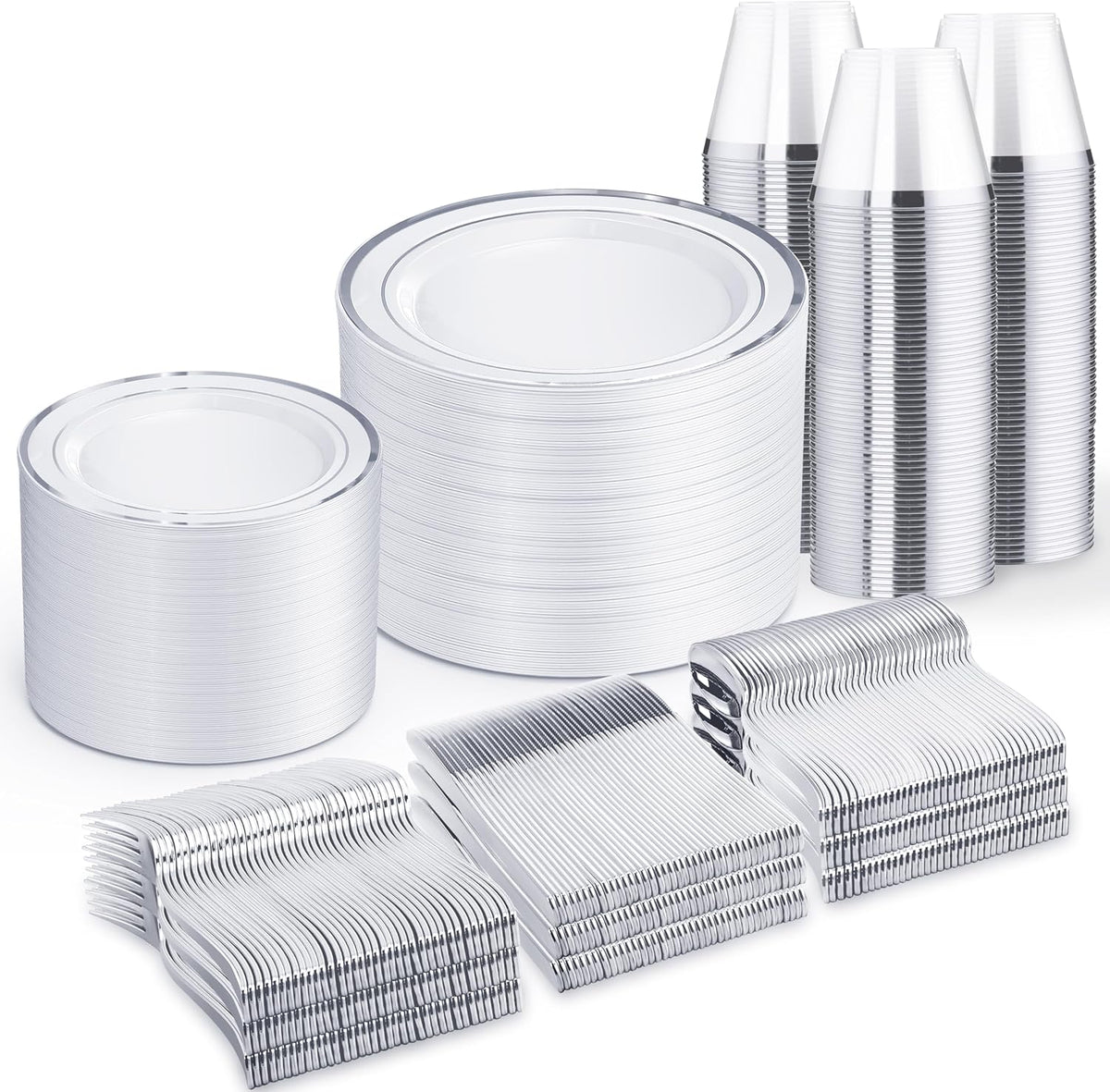 600 PCS Silver Disposable Dinnerware Set for 100 Guests